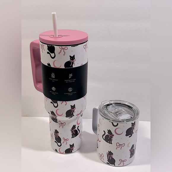 Steve Madden Pink and Black Cat Print Tumbler and Mug Set - Picture 3 of 7